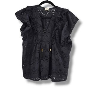 Artelier Nicole Miller Black Eyelet Cotton Boho Ruffle Tassel Blouse Top Large